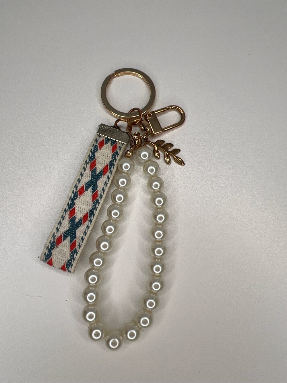 Pearl Bead Bag Charm/Keychain with Patterned Fabric Strap